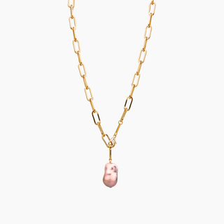 Pink Flameball Pearl necklace long with heavy gold chain