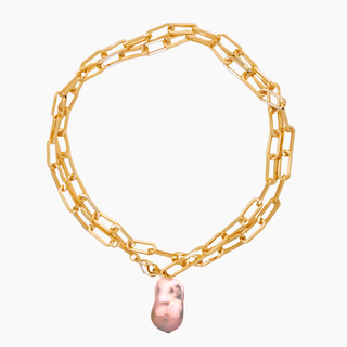 Pink Flameball Pearl necklace long with heavy gold chain doubled