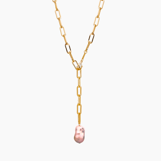 Pink Flameball Pearl necklace long with heavy gold chain
