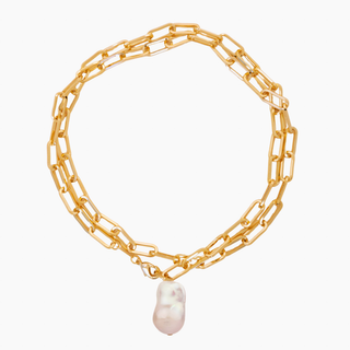 White Flameball Pearl Long Necklace on heavy old chain shown doubled