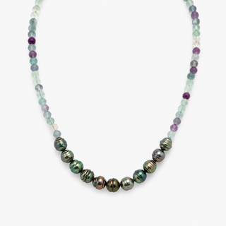 A beaded necklace featuring a central strand of iridescent baroque pearls in green, bronze, and purple tones, flanked by smaller translucent beads in light blue, mint, and purple, set against a plain light gray background.
