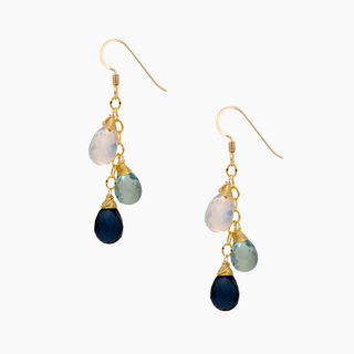 Ocean Ombré Gemstone Earrings showcasing faceted quartz dangling from gold-filled chains.