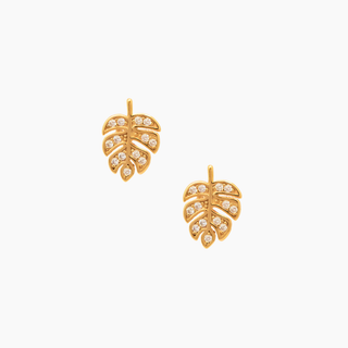 monstera stud earrings in gold with cubic zirconia