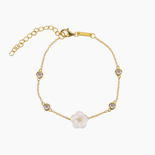 Plumeria mother of pearl bracelet in 14kt gold vermeil, designed in Hawaii by Misha Hawaii
