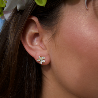 Plumeria mother of Pearl Stud Earrings in Gold on model
