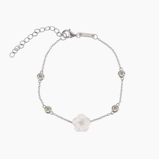 Plumeria mother of pearl bracelet in silver by Misha Hawaii