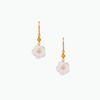 Plumeria Mother of Pearl Drop Earrings featuring 10mm Mother of Pearl flowers and gold-filled earwires.