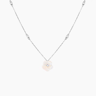Plumeria mother of pearl necklace in silver, designed in Hawaii by Misha Hawaii