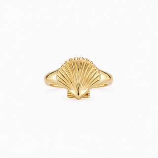A polished gold ring shaped like a scallop shell, centered on a clean white background.