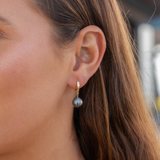 Tahitian Pearl Huggies in gold on ear