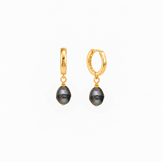 A pair of gold hoop earrings with dangling baroque pearls, shown on a plain white background.