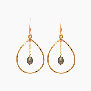 Tahitian Keshi black pearl teardrop earrings in gold handcrafted in Hawaii