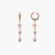 Load image into Gallery viewer, Triple Pink Pearl Keshi Huggies featuring three beautiful pink keshi pearls in rose gold finish.