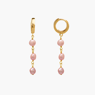 Triple Pink Pearl Keshi Huggies featuring three beautiful pink keshi pearls in gold finish.