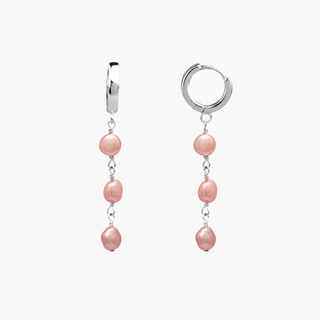 Triple Pink Pearl Keshi Huggies featuring three beautiful pink keshi pearls in silver finish.