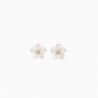 A pair of small flower-shaped stud earrings with iridescent white petals and a clear rhinestone center, shown on a plain white background.