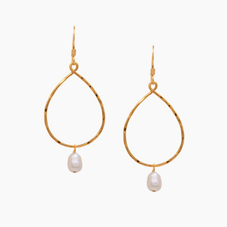 A pair of gold teardrop dangle earrings with textured gold wire frames and a small white baroque pearl hanging from each earring, shown against a plain white background.