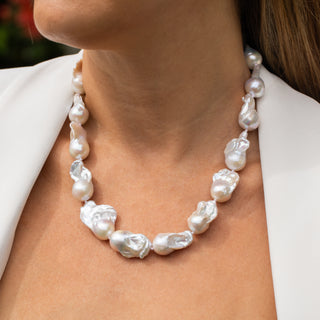 White Flameball Pearl Strand with gold clasp on model