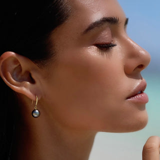 Tahitian Pearl Drop Earring in Gold on ear