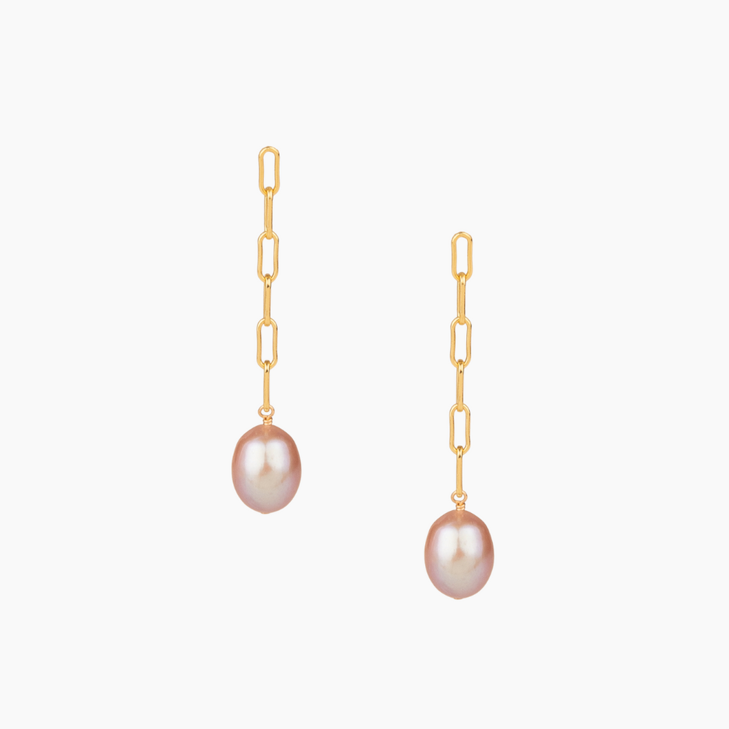 Long Pink Pearl Paperclip Stud Earrings