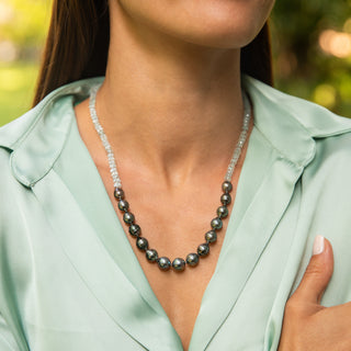 Model wearing Mana aquamarine dark Tahitian Pearl Necklace 
