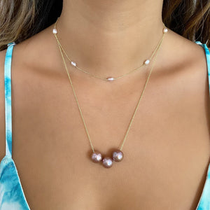 Floating Triple Pink Edison Pearl Necklace 14kt Gold