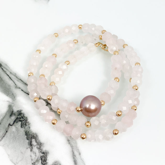Mantra Rose Quartz Pink Pearl Wrap Bracelet/Necklace