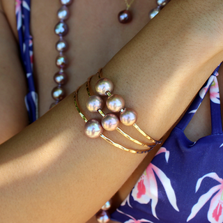 Pink Pearl Bangle set of three bangles in Gold made in Hawaii on wrist